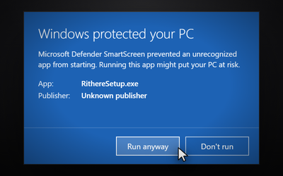 The blue Windows protected your PC dialog for RithereSetup.exe, with the pointer on Run anyway