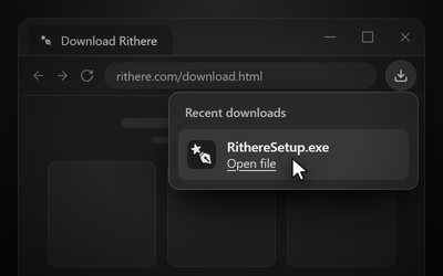 A browser's downloads list open at the top right, showing RithereSetup.exe with an Open file link